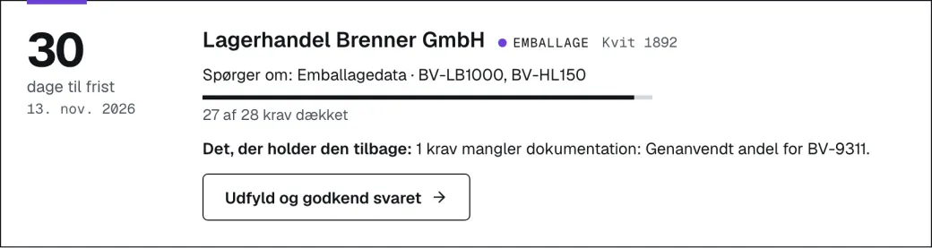Emballage: en forespørgsel om materiale, vægt og genanvendt andel, klar til gennemgang.